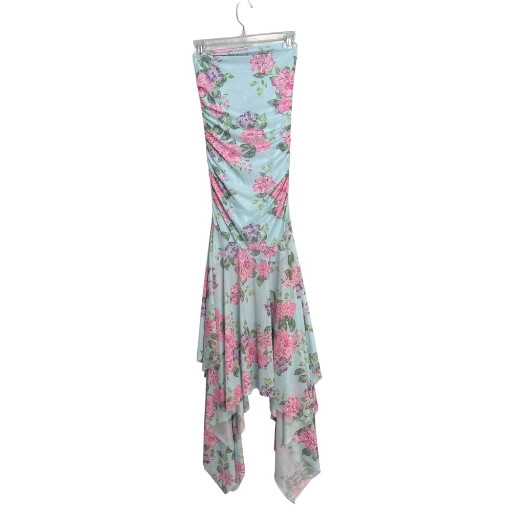 SHEIN Blue Floral Mesh‎ Ruched Strapless Handkerchief Hem Dress XS 2